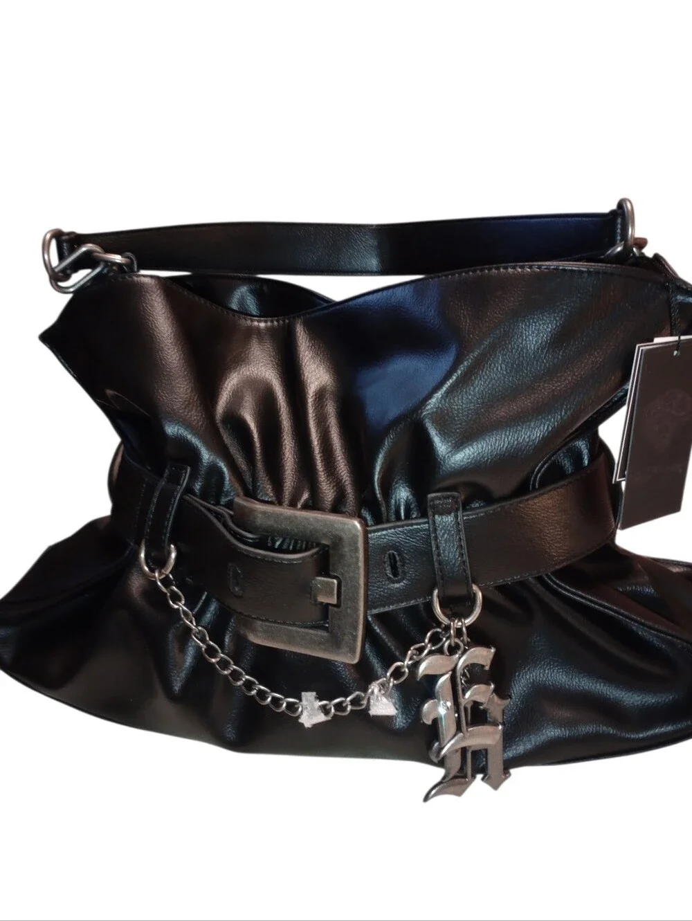 Ed Hardy Black Faux Leather Belted Shoulder Bag with Chain Charm, NWT
